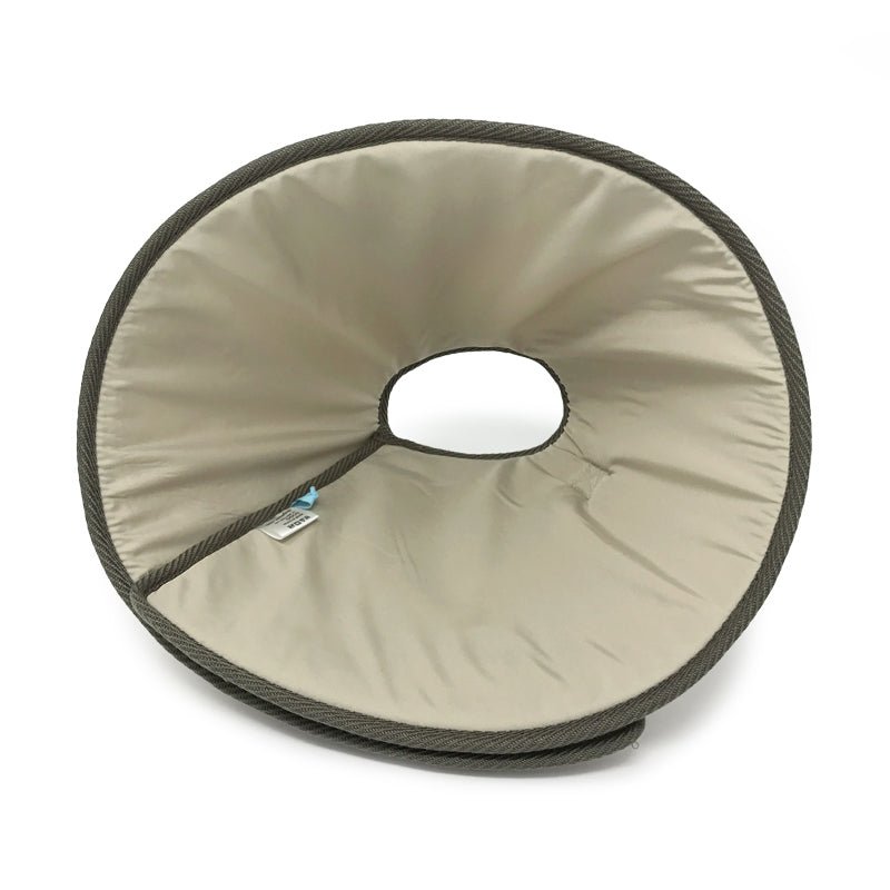 Beige E-collar recovery neck brace with gray trim and center support opening
