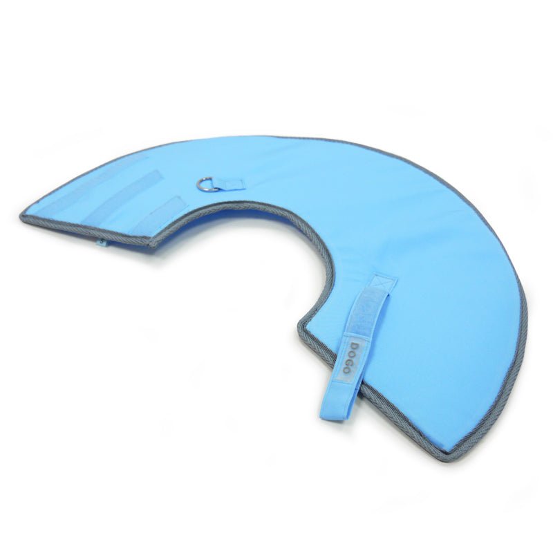Blue padded recovery e-collar with gray trim and adjustable strap