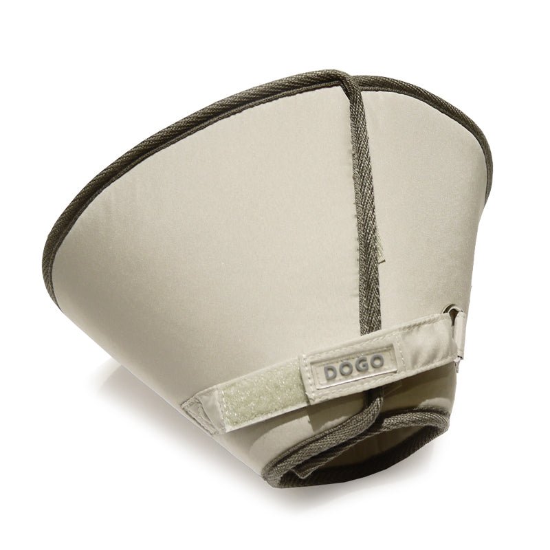 E-collar recovery neck brace in beige with gray trim and front hook-and-loop strap