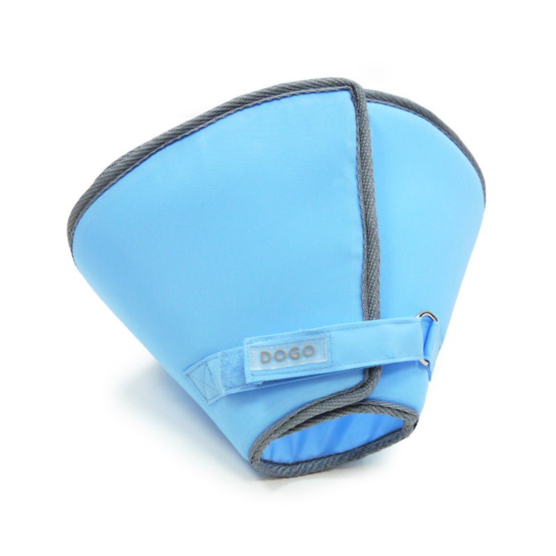 Blue padded recovery e-collar with side strap and metal hook