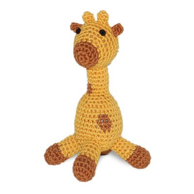 Yellow crochet giraffe plush with brown spots, long neck and legs
