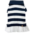 Navy-and-white striped polo sweater dress with ribbed collar and ruffle hem