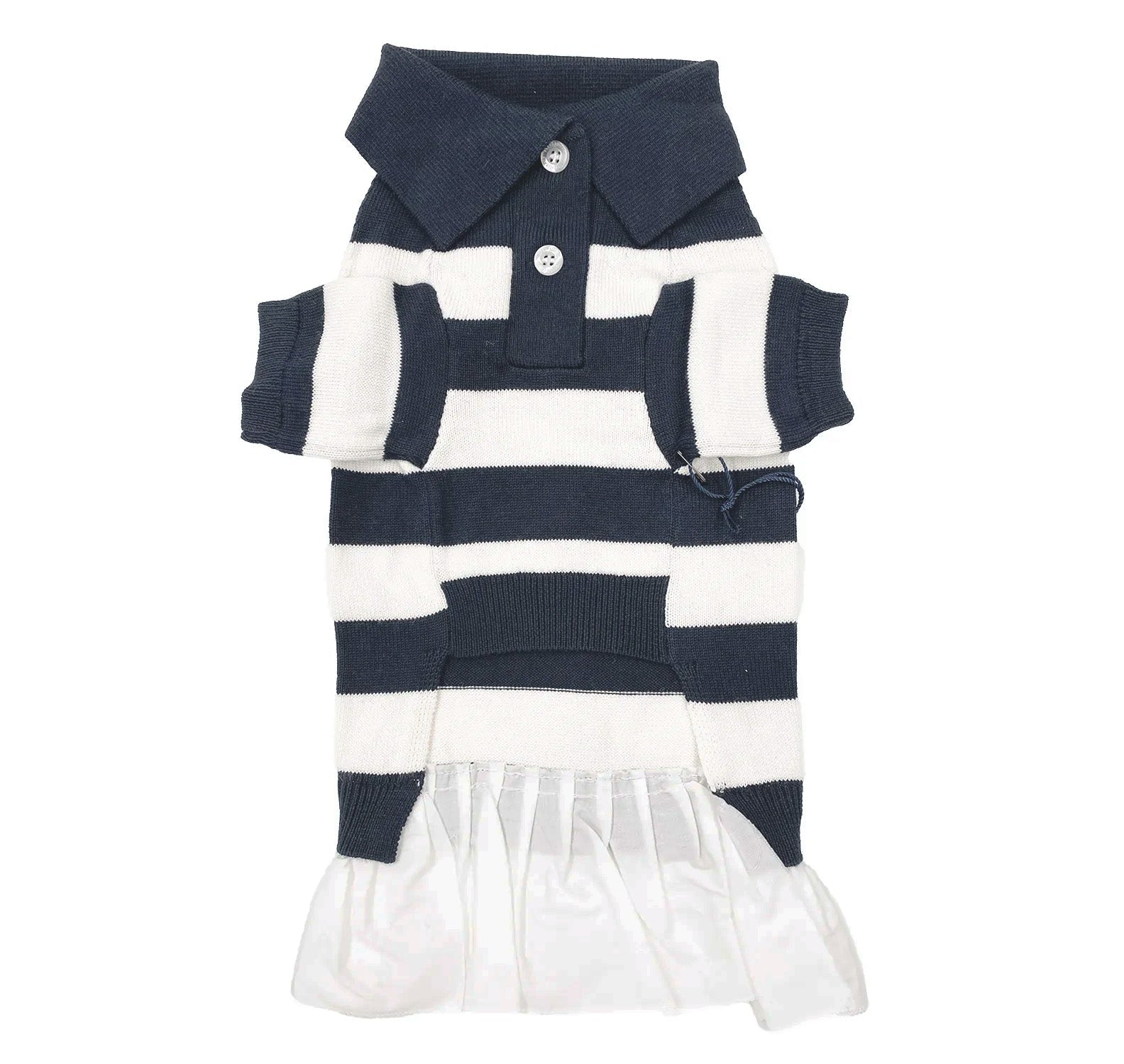 Navy-and-white striped polo sweater dress with button placket and white ruffle skirt