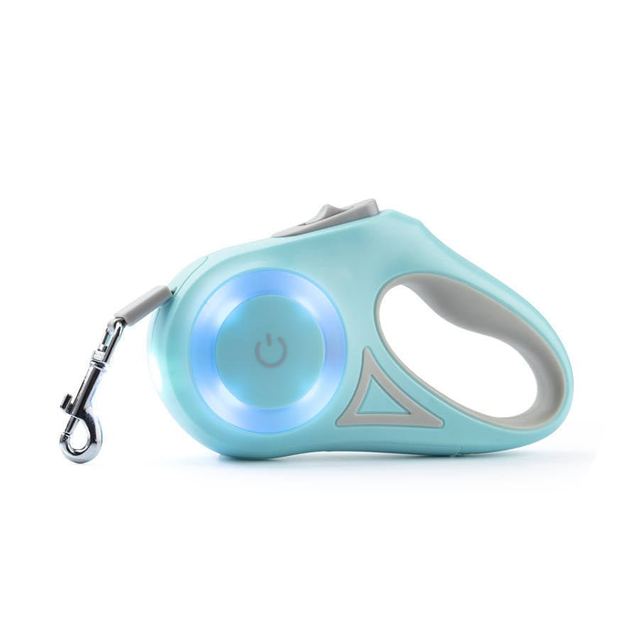 Glowing retractable dog leash with teal housing and blue LED ring, metal clip