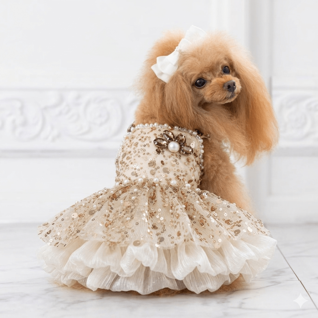 Gold Sequin Dog Wedding Dress with Pearl Detail Fursace Luxury Dog Plush Toy - XS Red Squeaky | Cookies Wagging Friends Boutique Cookies Wagging Friends Boutique