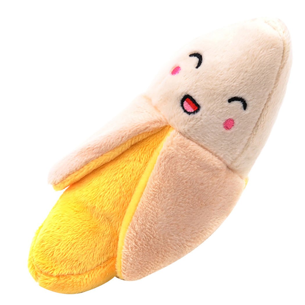 Plush hot dog vocal toy with cute face, yellow filling and cream bun