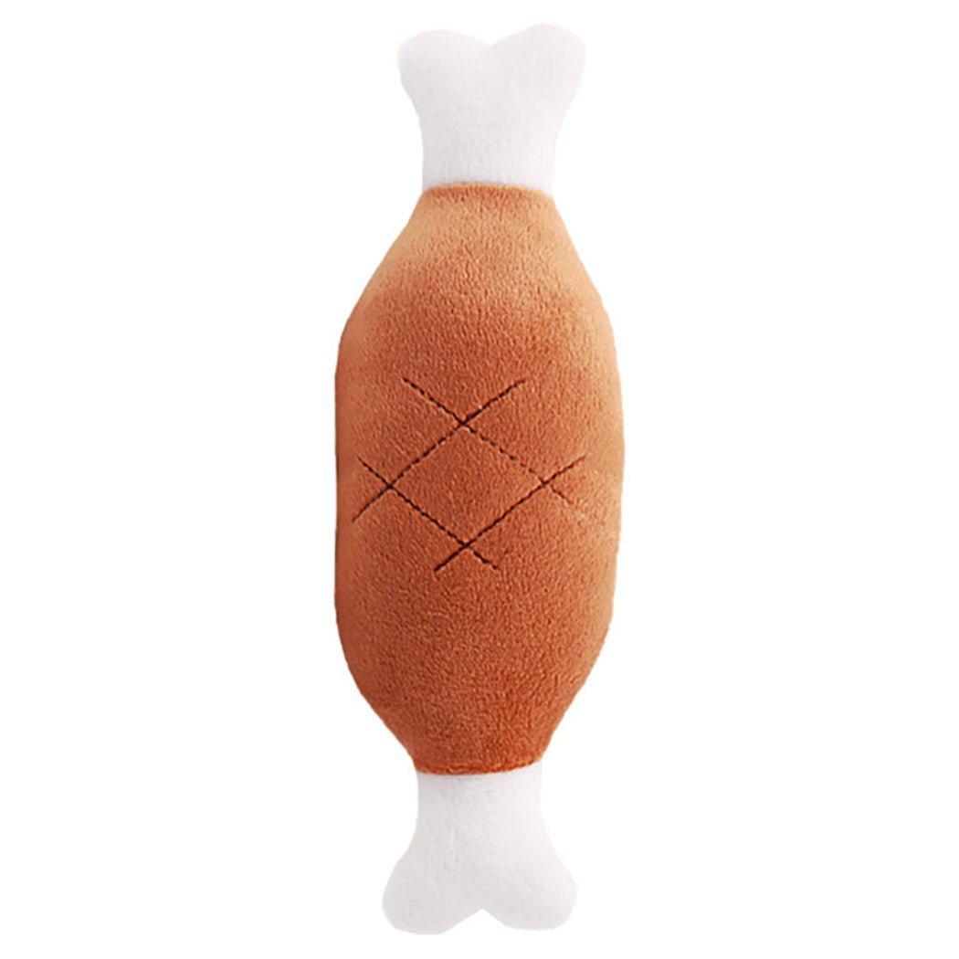 Plush sausage-shaped pet toy in brown with white legs and stitched crisscross detail