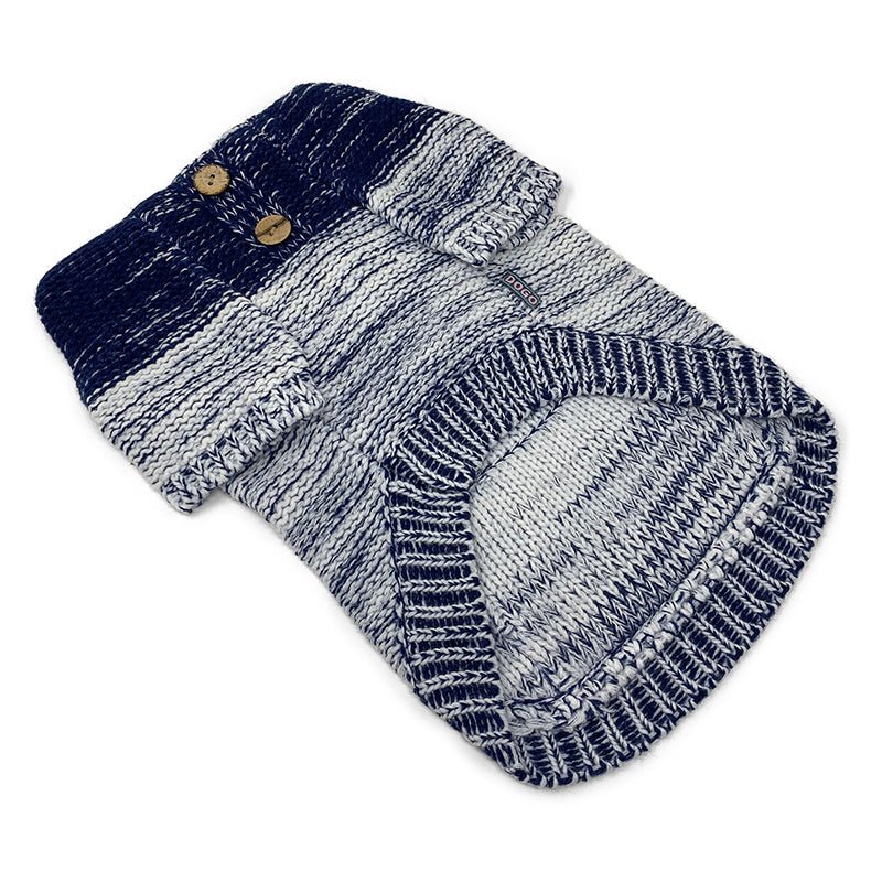 Navy and gray striped hooded sweater, close view of front pocket and ribbed trim.