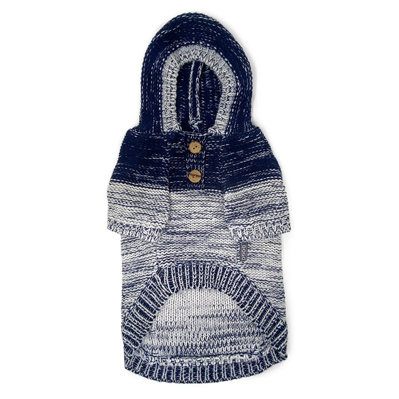 Navy and gray striped hooded sweater with front kangaroo pocket and zipper placket.
