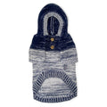 Navy and gray striped hooded sweater with front kangaroo pocket and zipper placket.