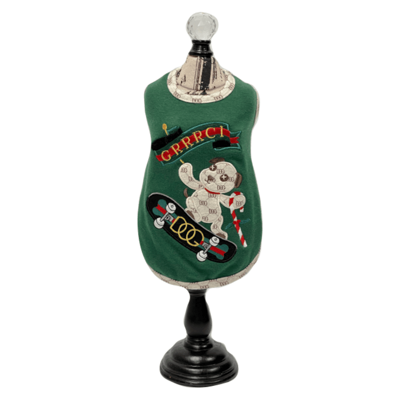 Green dog holiday tank top with skateboard and cartoon dog patch graphic
