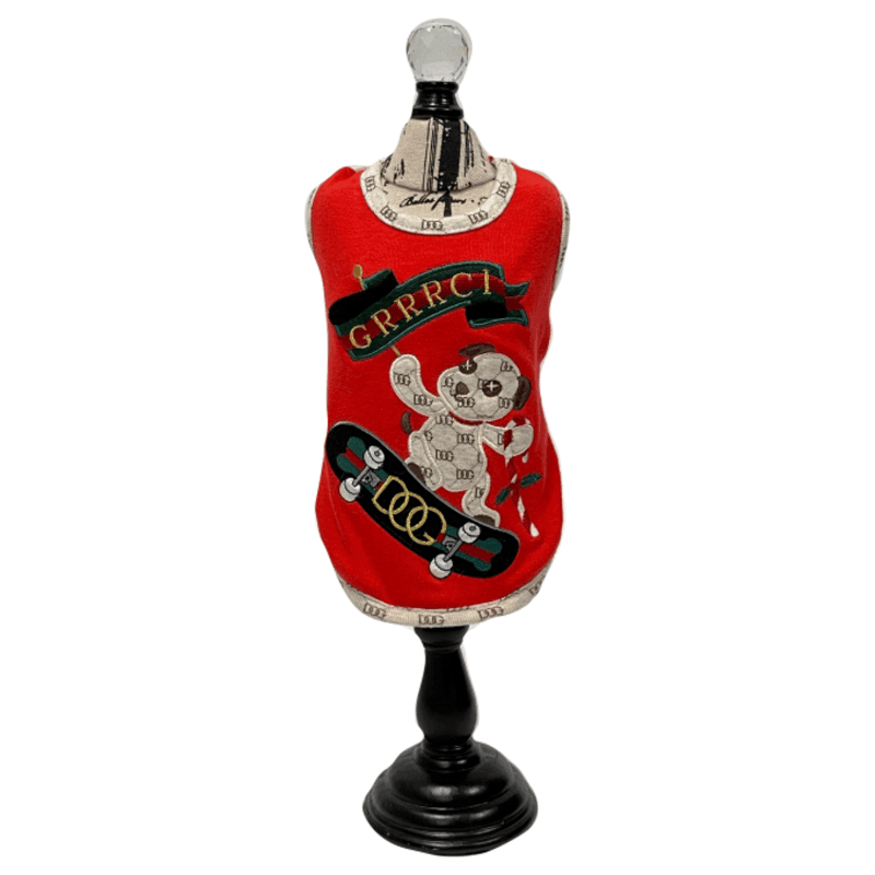Red dog holiday tank top with skateboard graphic and cartoon dog print
