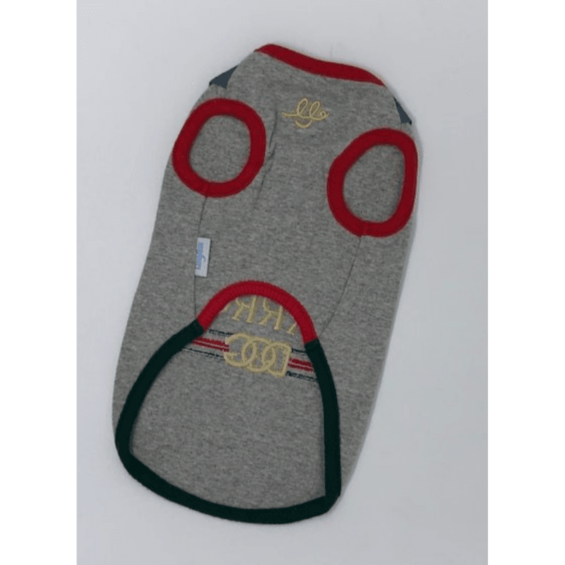 Heather gray dog tank top with red arm openings, red neckline, and back stripe panel
