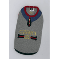 Heather gray dog tank top with red neckline, blue yoke, and gold chest logo