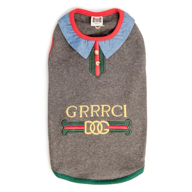 Heather gray dog tank top with red, green trim and gold logo graphic