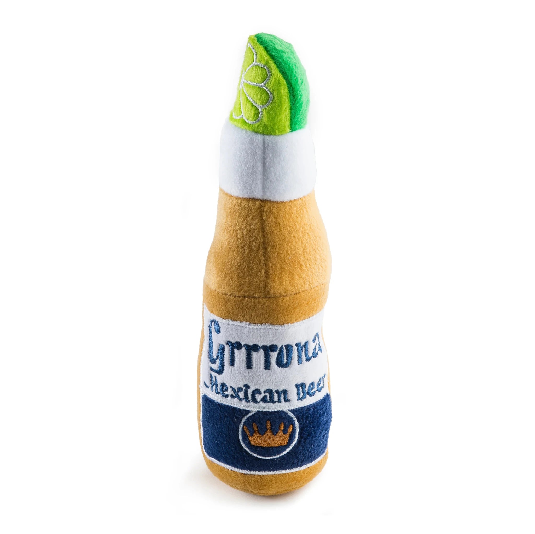 Plush beer-bottle dog toy, brown body with white band, green cap, blue label