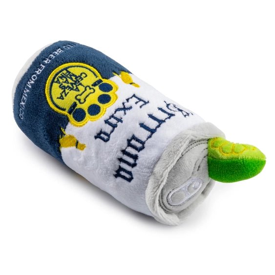 Plush beer can toy side view with green top, white plush, blue band and yellow logo.