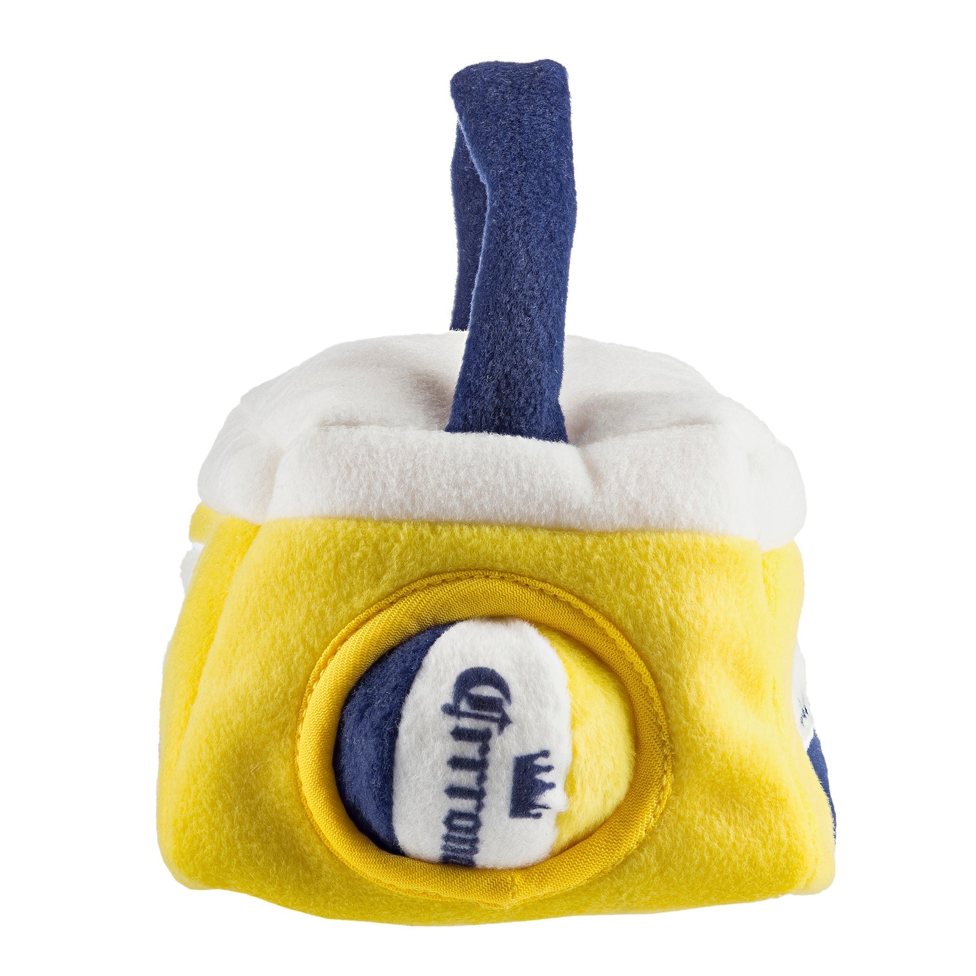 Plush cooler toy with circular 'Grrrona' logo badge on yellow fabric and navy handle.
