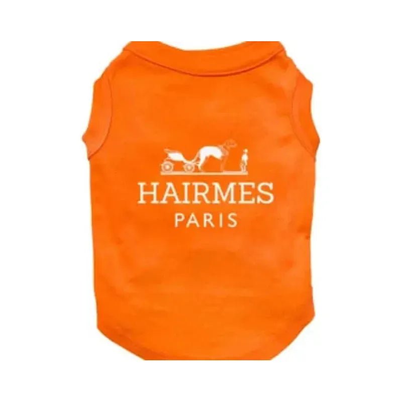 Orange pet T-shirt with Hairmes Paris logo print on front