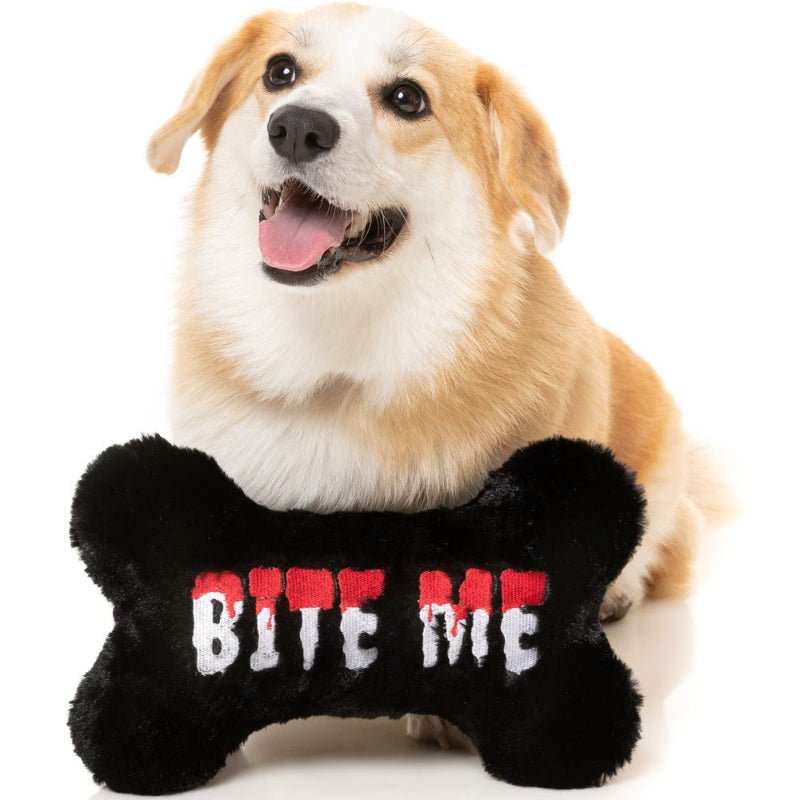 Halloween Bite Me Bone Black Plush Squeaky Dog Toy Fursace Luxury Dog Plush Toy - Red Squeaky | Cookies Wagging Friends Boutique Cookies Wagging Friends Boutique