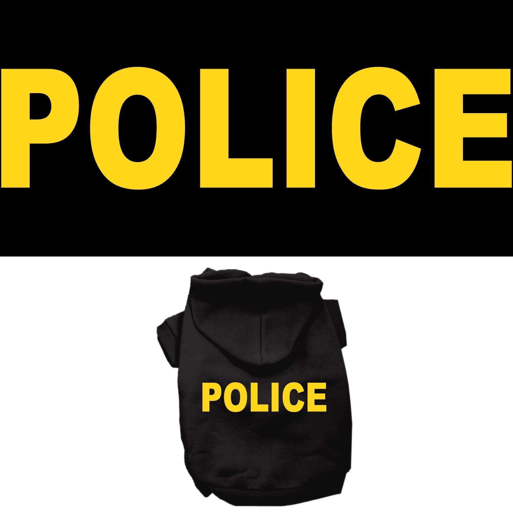 Black pet hoodie costume with yellow “POLICE” chest text and hood