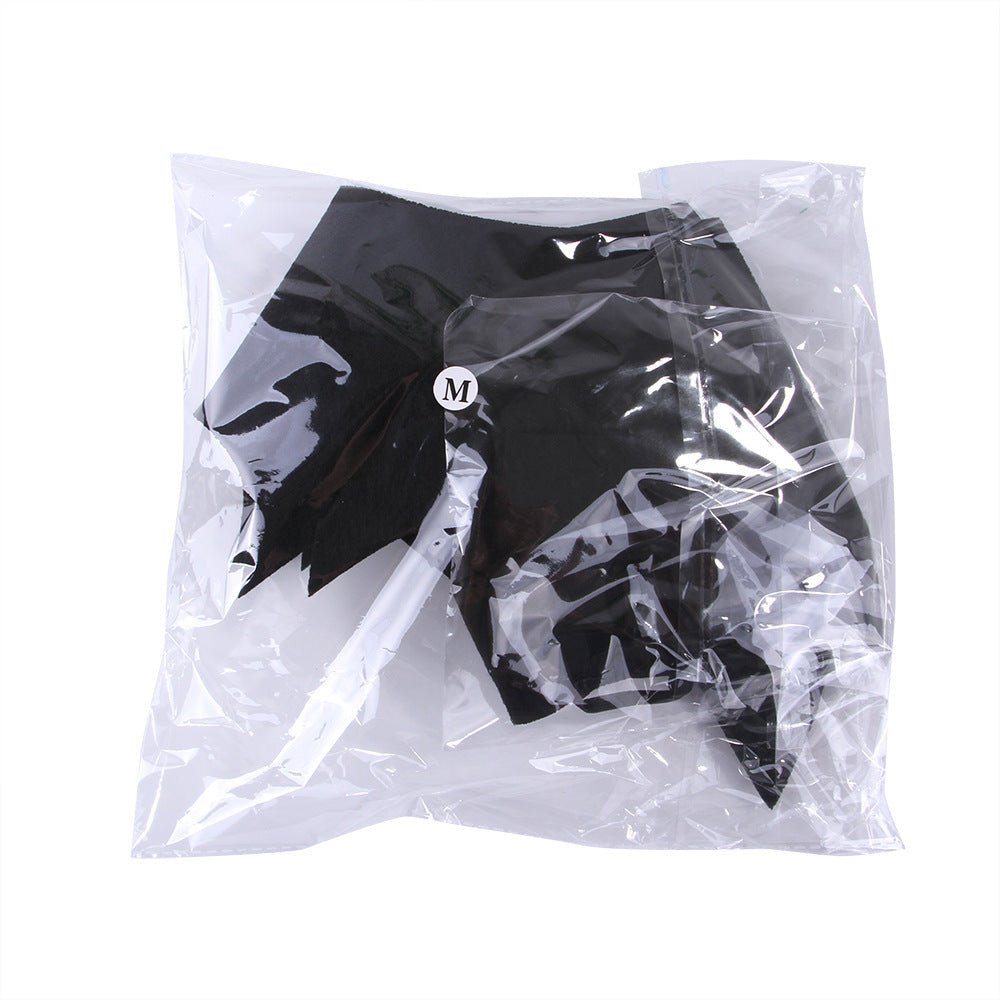 Black bat pet costume set in clear bag, includes mask and winged corset harness (M)