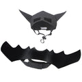 Black bat mask with pointed ears and winged corset harness pieces, set layout