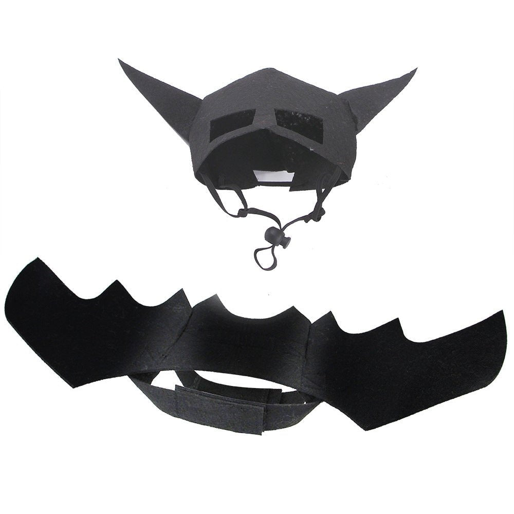 Black bat mask with pointed ears and winged corset harness pieces, set layout