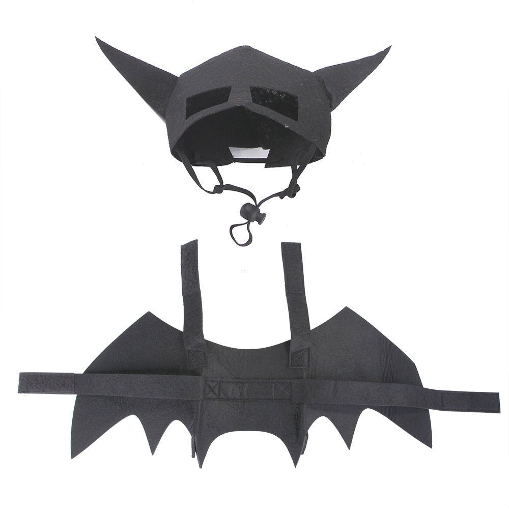 Black bat pet mask with chin ties and winged corset harness with shoulder straps
