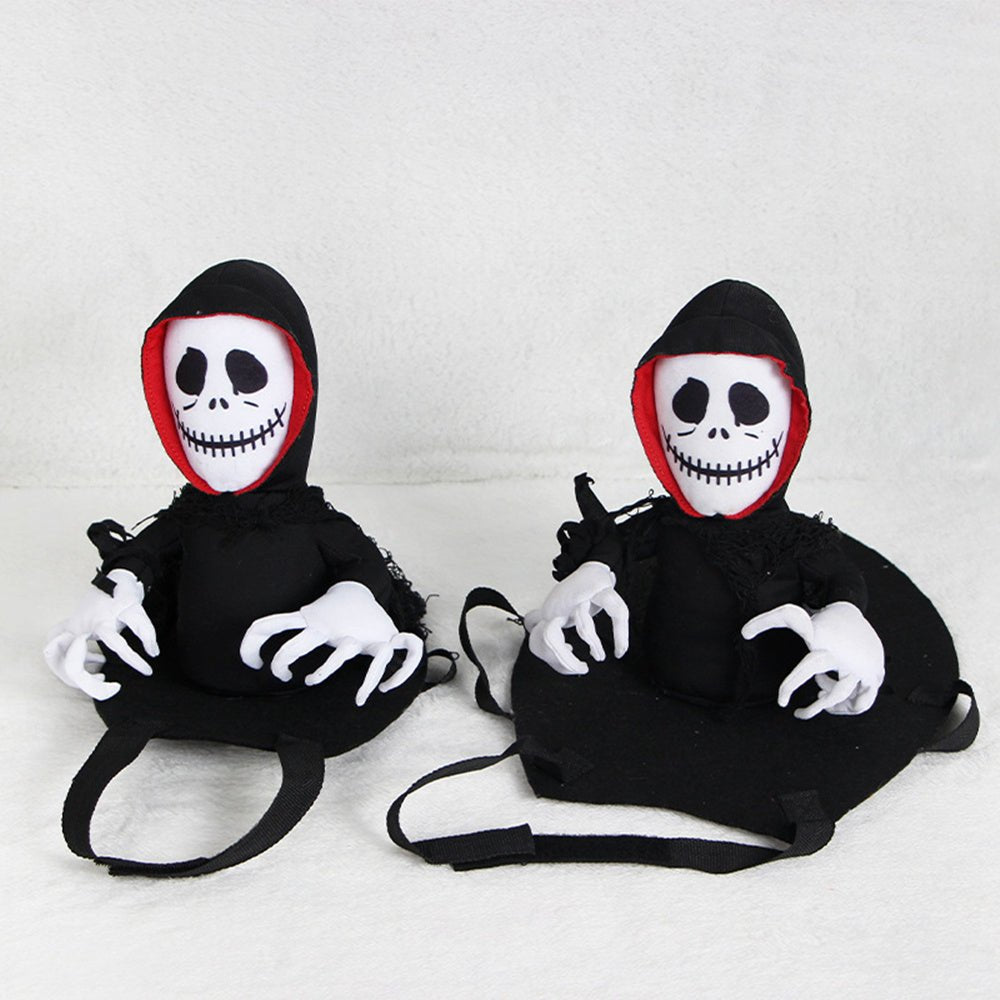 Black hooded teddy cape with skull face print and white skeletal hands, for pets