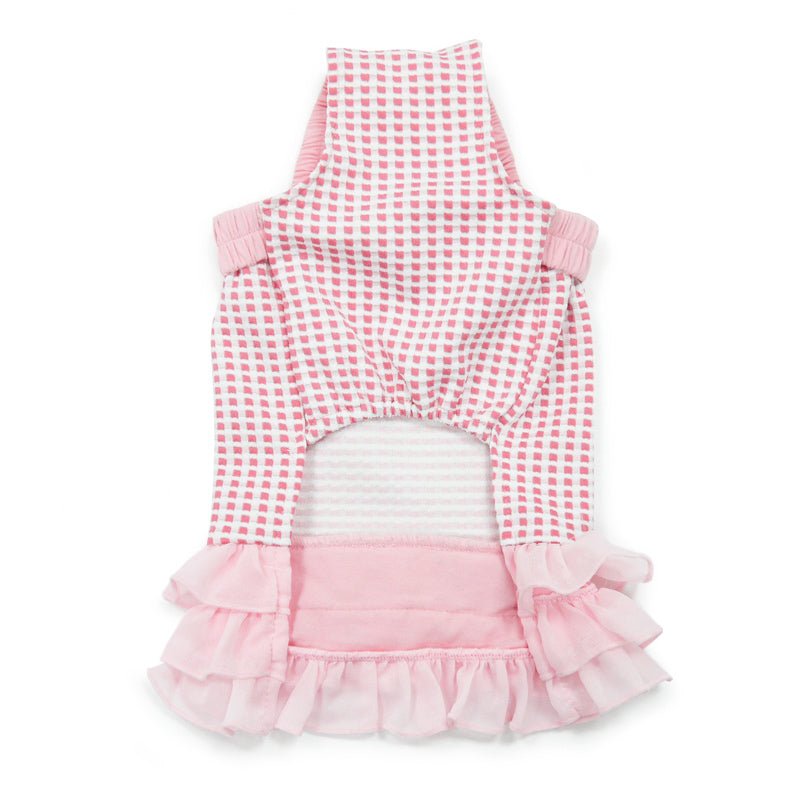 Pink gingham halter dress with open back and layered ruffle skirt