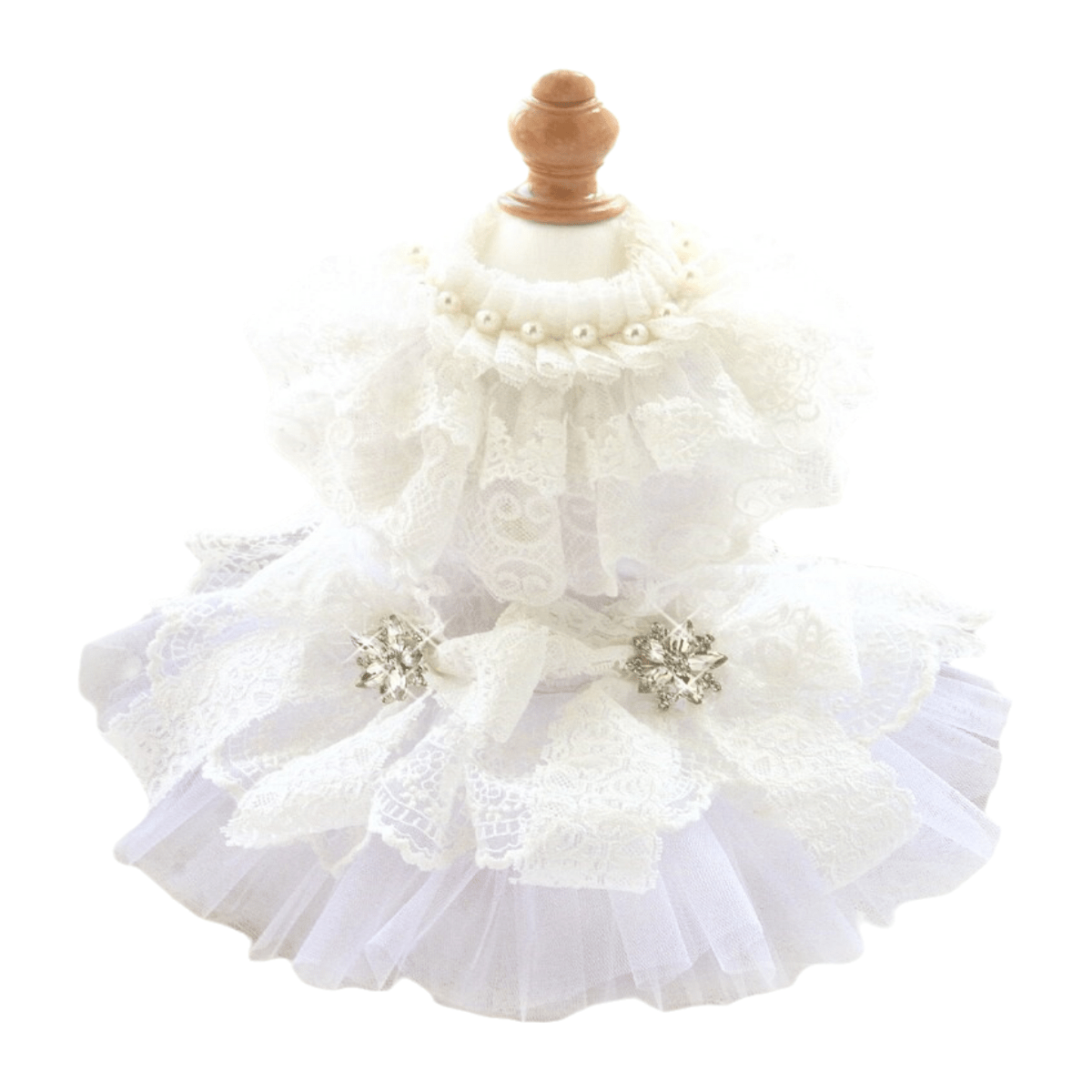 Ivory lace vintage dog wedding dress with layered tulle skirt and gold star embellishments