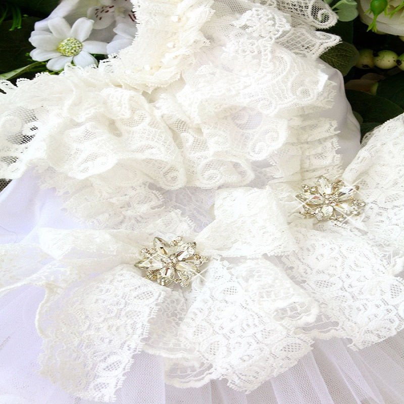 White lace dog wedding dress with ruffled layers and rhinestone brooches