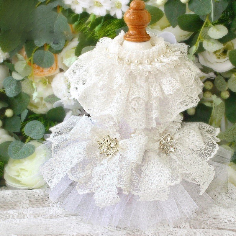 White lace vintage dog wedding dress with layered ruffles and pearl trim