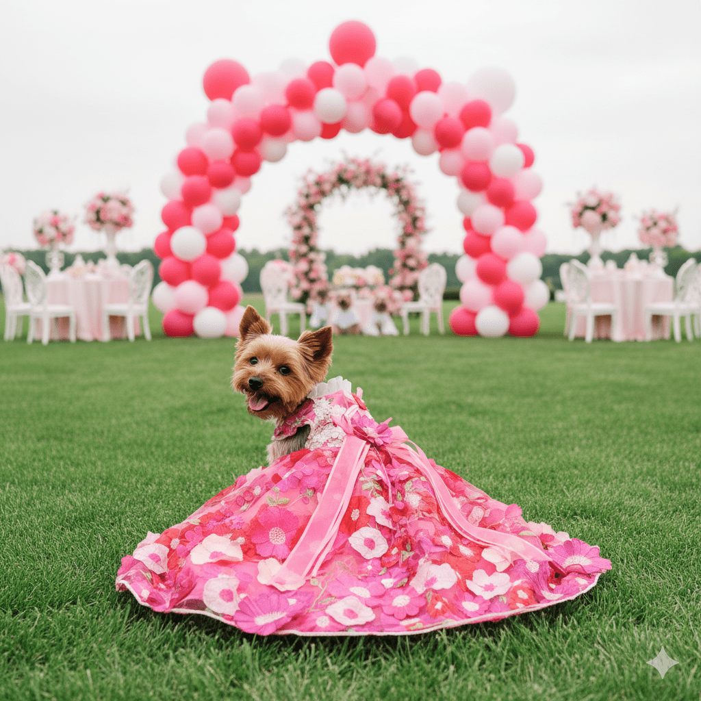 Hot-pink tulle pet princess gown with 3D floral appliques and gathered skirt