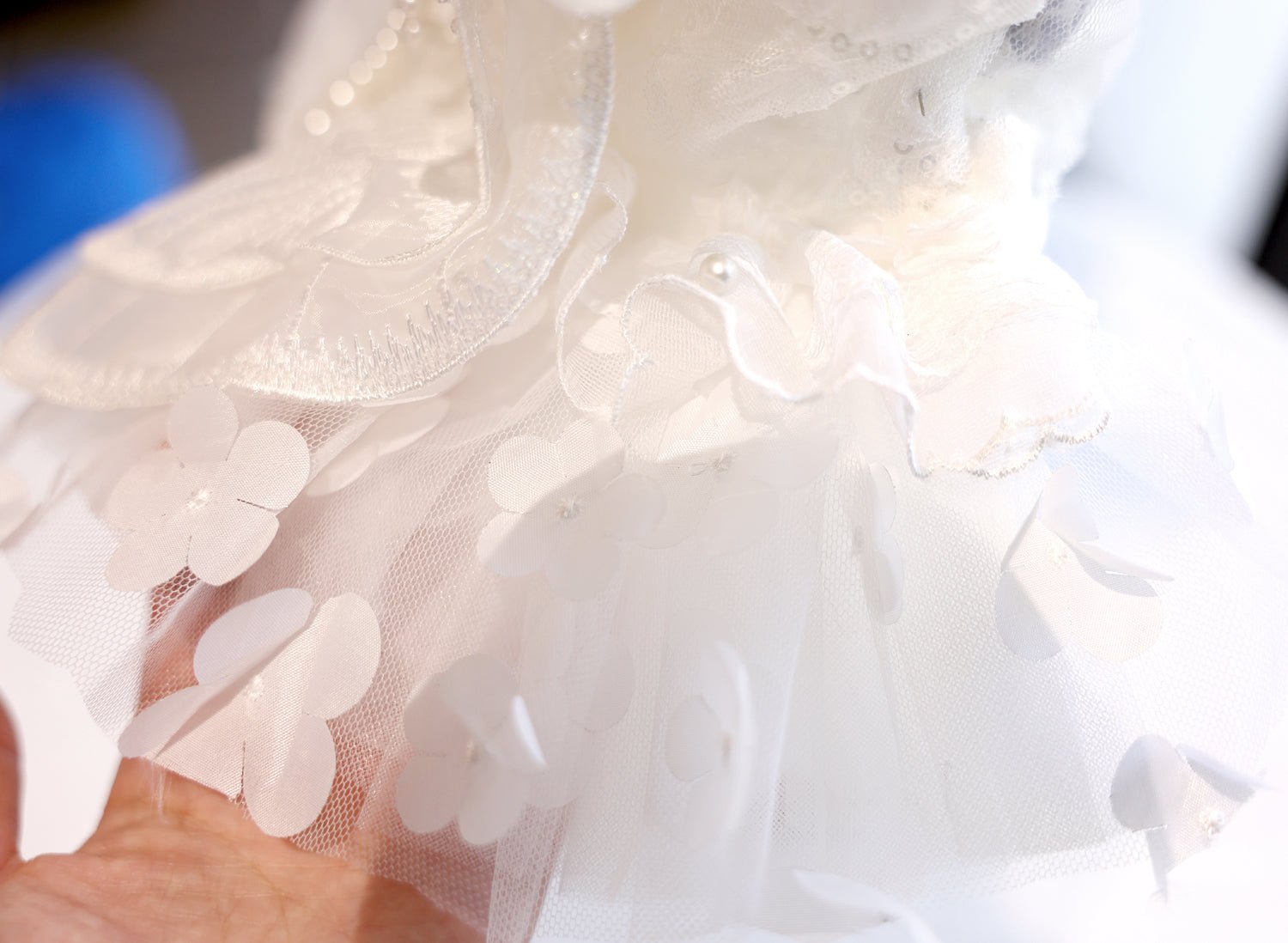 White sheer overlay pet dress with layered flower appliques and tulle ruffles