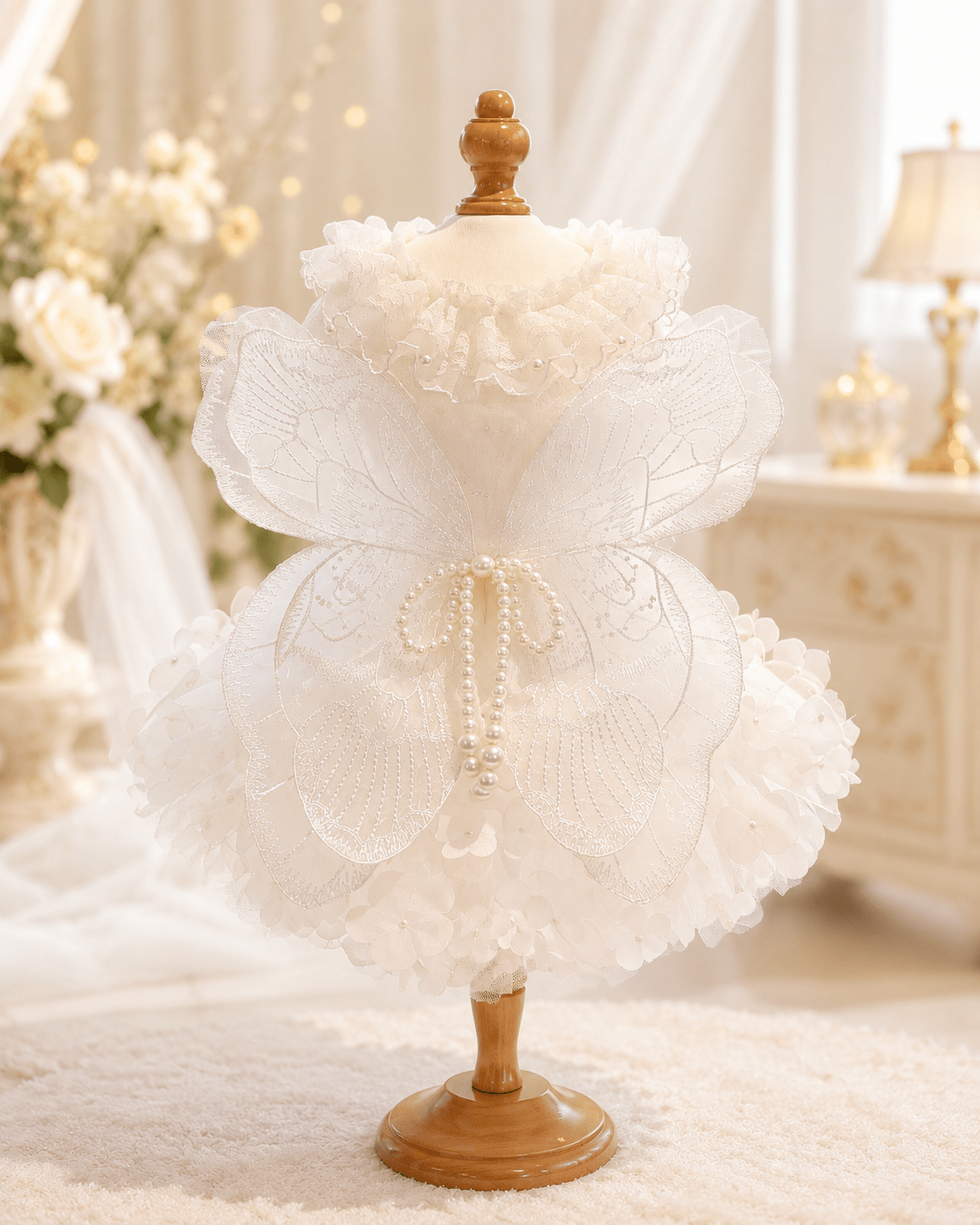 White pet wedding dress with layered tulle skirt and pearl butterfly applique detail