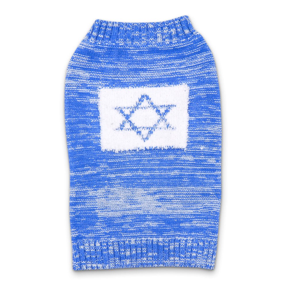Blue Hanukkah sweater with crew neck and white rectangular Star of David emblem