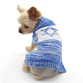 Blue knit Hanukkah sweater with white Star of David motif and ribbed trim