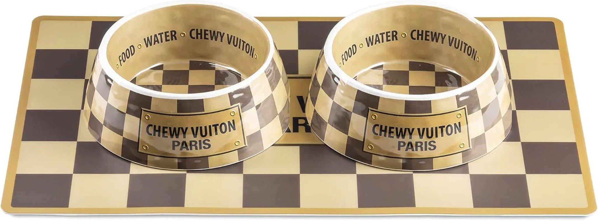 2-pack non-skid dog bowl set with two brown bowls on checkered mat