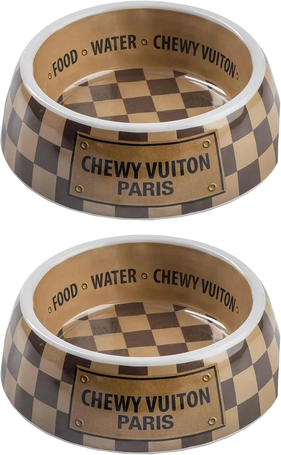 Pair of tan/brown checker melamine dog bowls with Chewy Vuiton Paris plaques