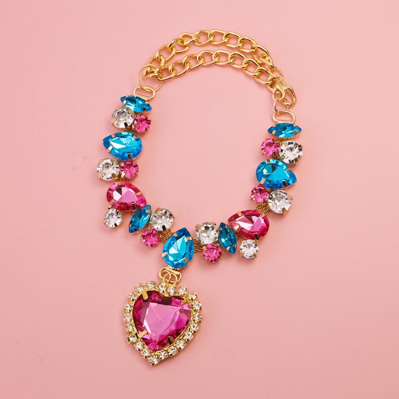Crystal heart dog necklace with pink and blue crystal charms and a pink heart pendant