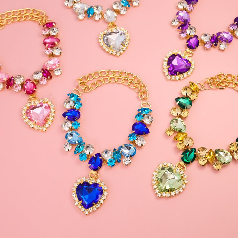 Crystal heart dog necklace with multicolor crystal gem charms and heart pendants
