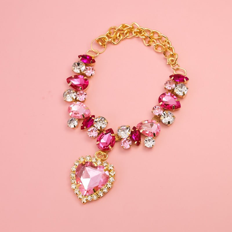 Crystal heart dog necklace with pink crystal charms and a pink heart pendant