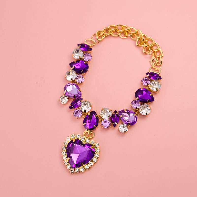 Crystal heart dog necklace with purple crystal charms and a purple heart pendant