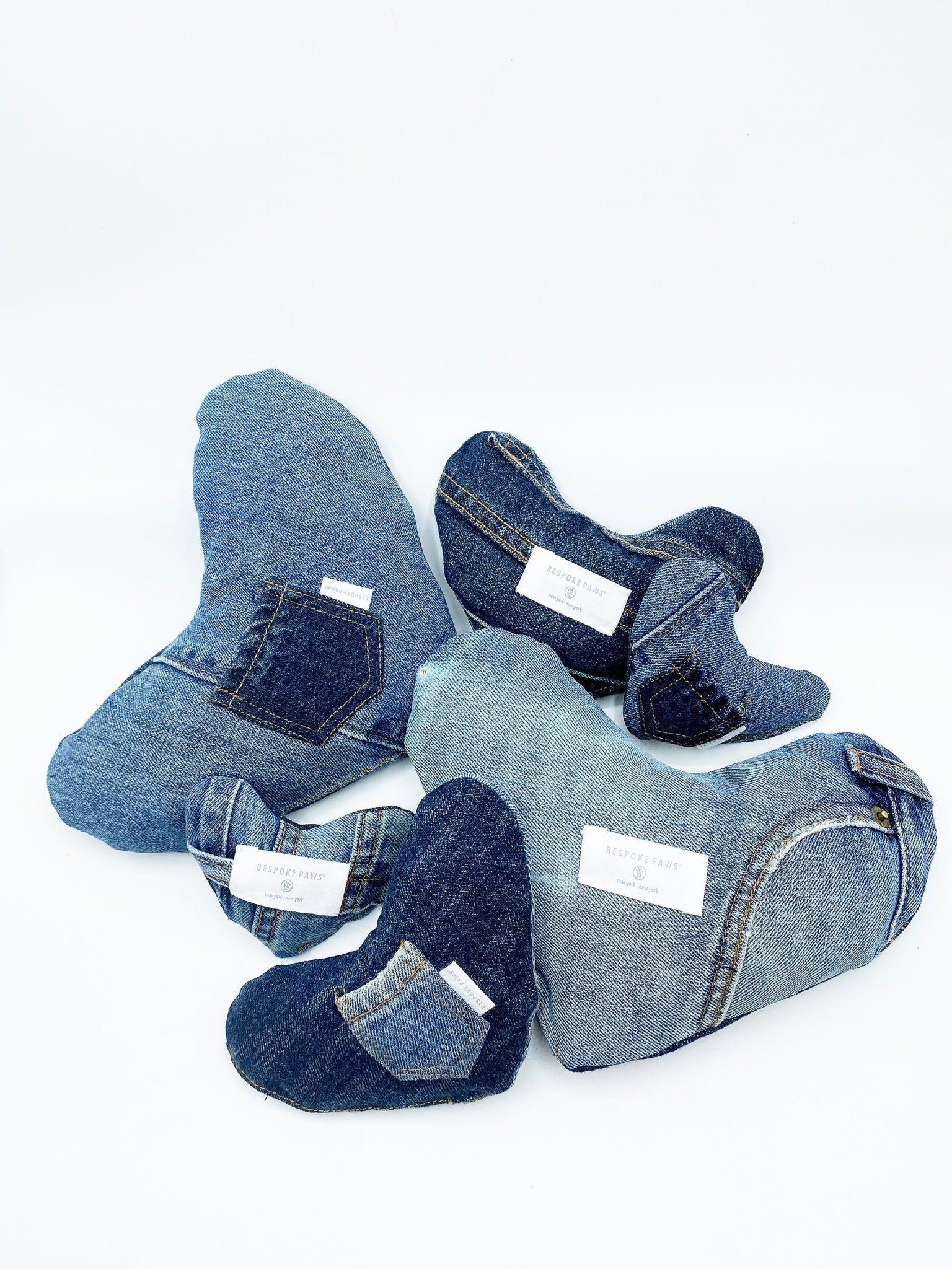 Heart-shaped denim squeaker toy set, mixed light and dark blue wash hearts