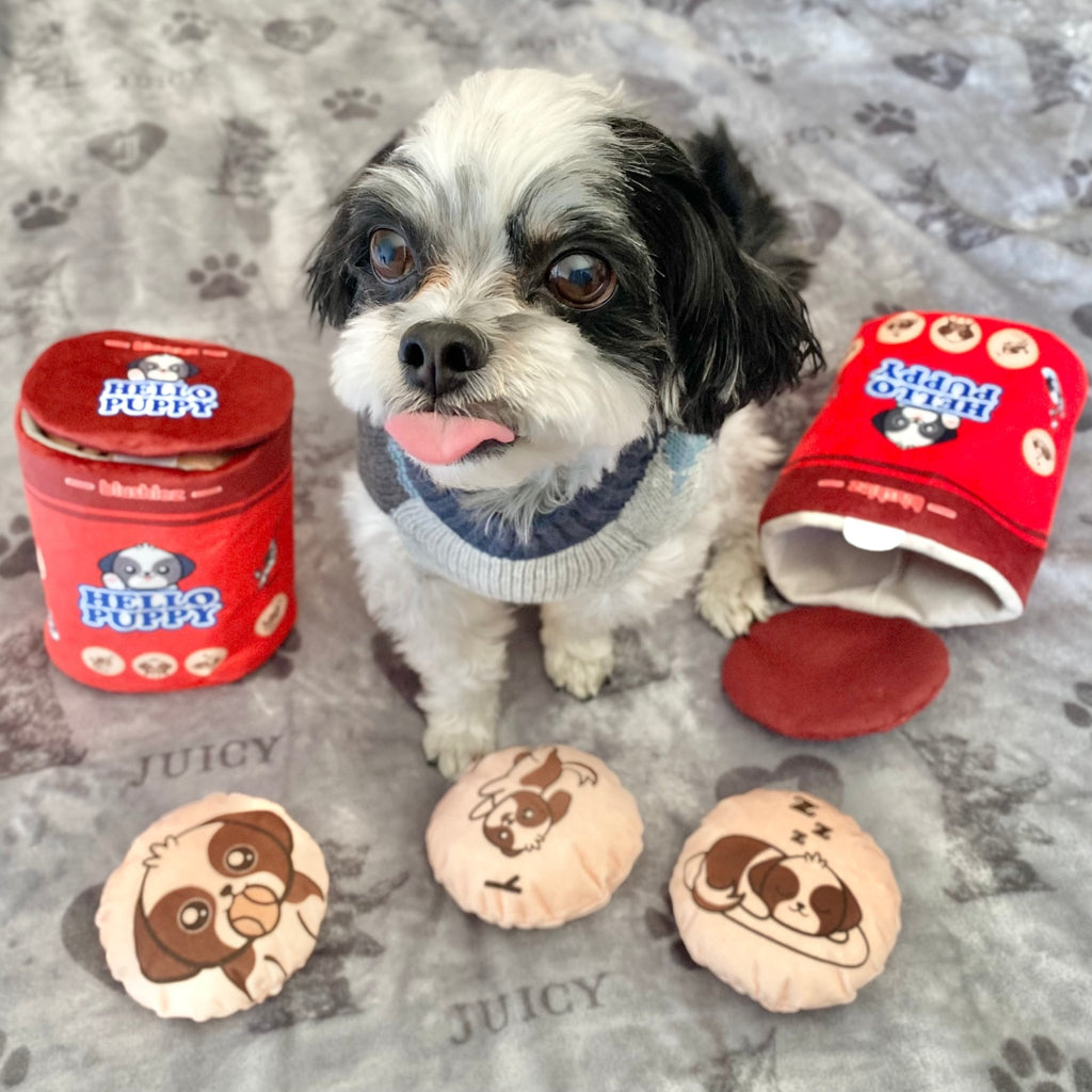 Four-piece plush dog toy set: red cylinder plus three beige round dog-face toys