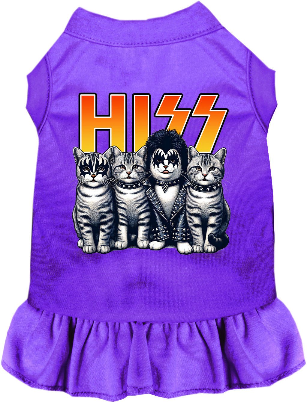 Purple pet dress with cat “HISS” graphic and matching ruffled skirt hem