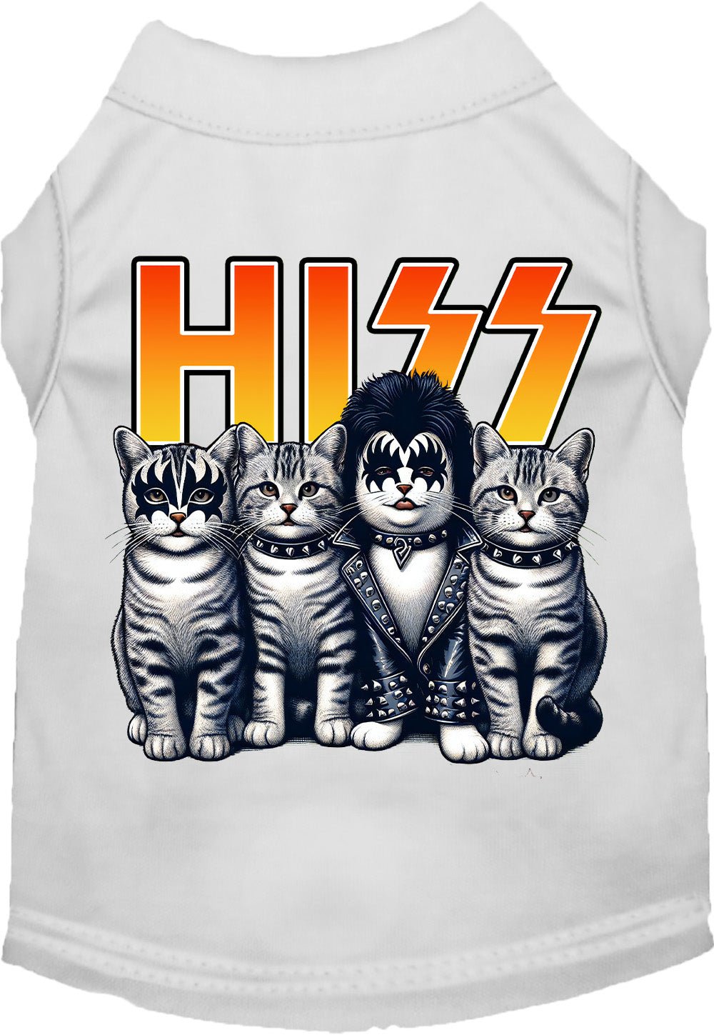 White pet shirt with bold HISS typography and five cat faces graphic on front