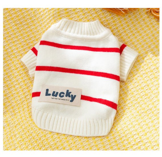 White knit pet sweater with red horizontal stripes and ribbed turtleneck collar